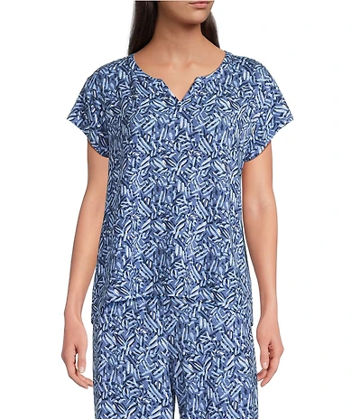 Nottibianche Short Sleeve Split Round-Neck Texture Line Print Coordinating Knit Sleep Top