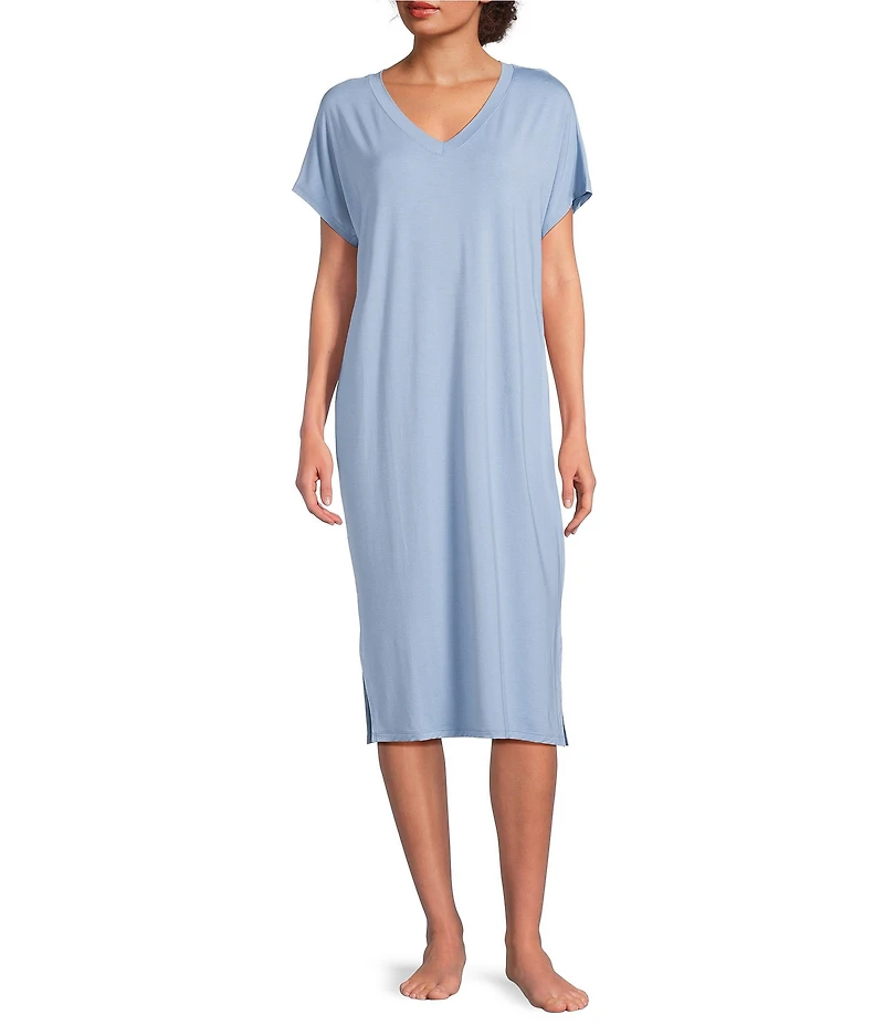 Nottibianche Solid Bamboo Jersey Knit Short Sleeve V-Neck Caftan