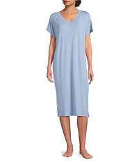 Nottibianche Solid Bamboo Jersey Knit Short Sleeve V-Neck Caftan