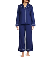 Nottibianche Solid Long Sleeve Notch Collar Button Front Long Knit Pajama Set