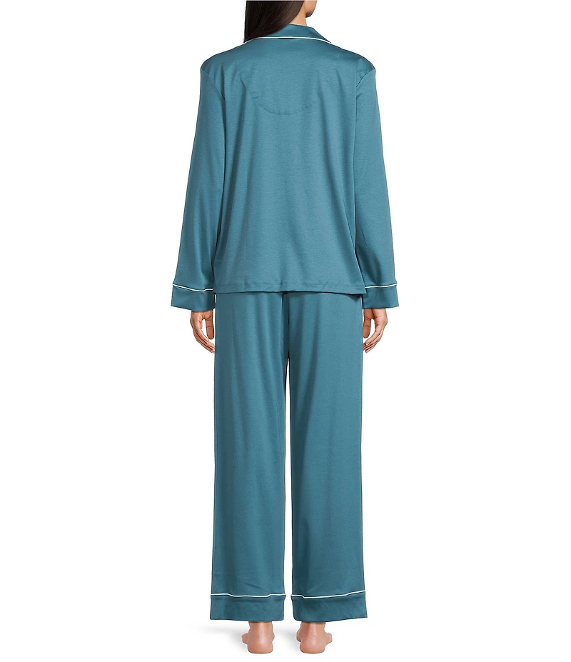 Nottibianche Solid Long Sleeve Notch Collar Button Front Long Knit Pajama Set