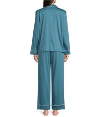 Nottibianche Solid Long Sleeve Notch Collar Button Front Long Knit Pajama Set