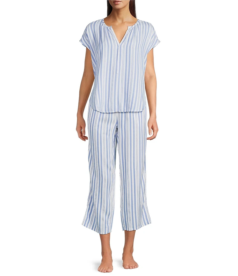 Nottibianche Striped Drawstring Tie Coordinating Woven Cropped Sleep Pants