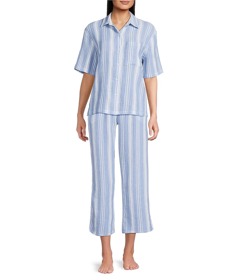 Nottibianche Striped Gauze Drawstring Tie Coordinating Cropped Sleep Pants