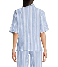 Nottibianche Striped Gauze Short Sleeve Notch Collar Button Front Coordinating Sleep Top