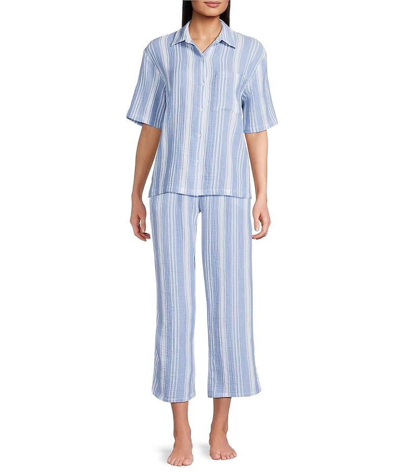 Nottibianche Striped Gauze Short Sleeve Notch Collar Button Front Coordinating Sleep Top