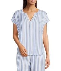 Nottibianche Striped Split Round Neck Cap Sleeve Coordinating Woven Sleep Top