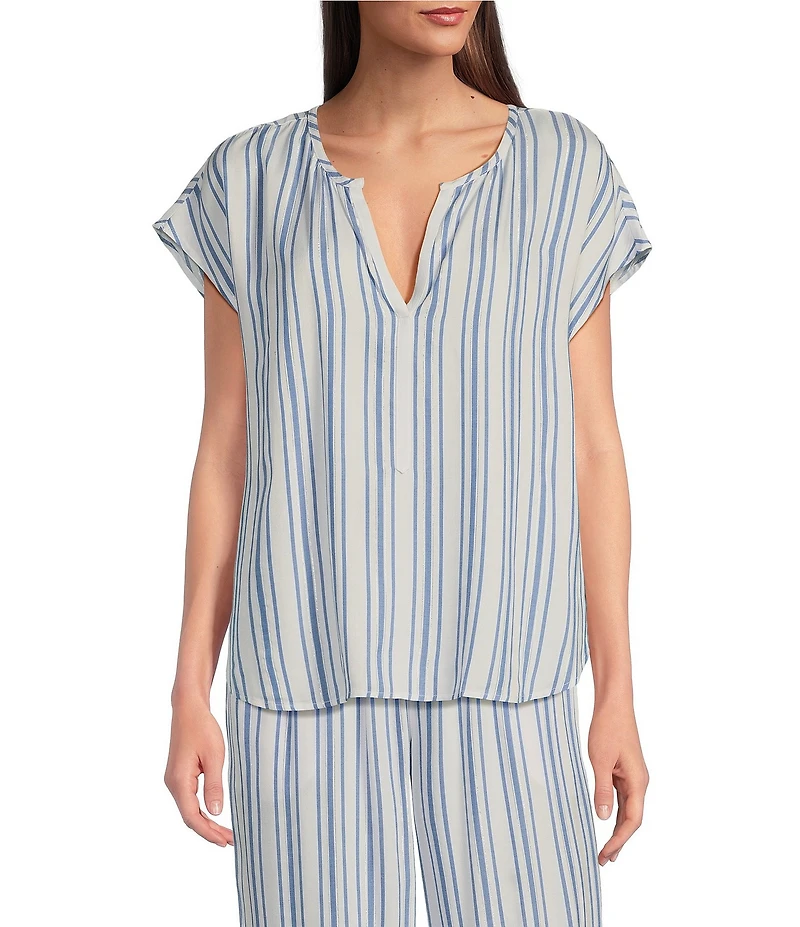 Nottibianche Striped Split Round Neck Cap Sleeve Coordinating Woven Sleep Top
