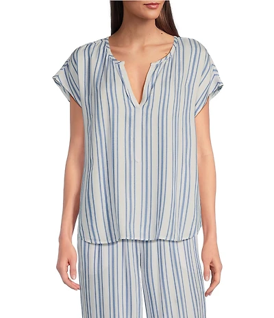 Nottibianche Striped Split Round Neck Cap Sleeve Coordinating Woven Sleep Top