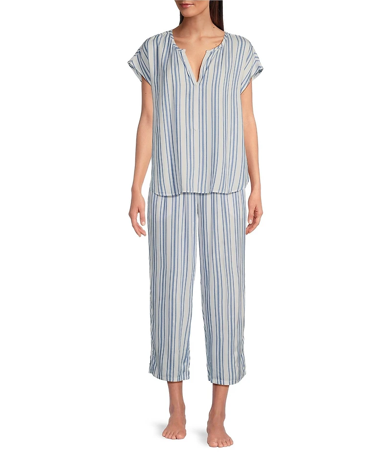 Nottibianche Striped Split Round Neck Cap Sleeve Coordinating Woven Sleep Top