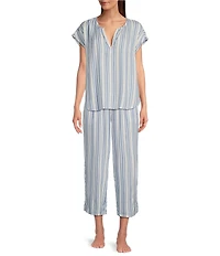 Nottibianche Striped Split Round Neck Cap Sleeve Coordinating Woven Sleep Top