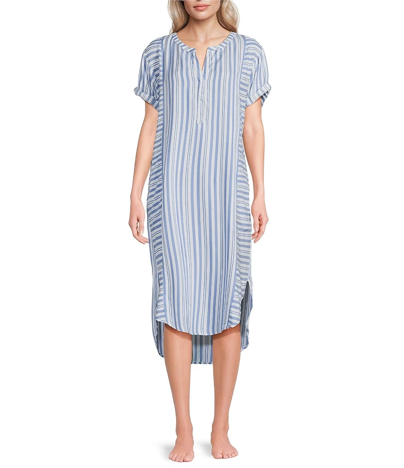Nottibianche Striped Split Round Neck Short Sleeve Woven Caftan