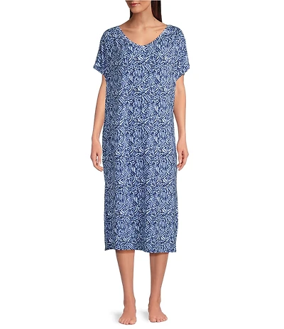 Nottibianche Texture Line Print Short Sleeve V-Neck Pocketed Knit Caftan