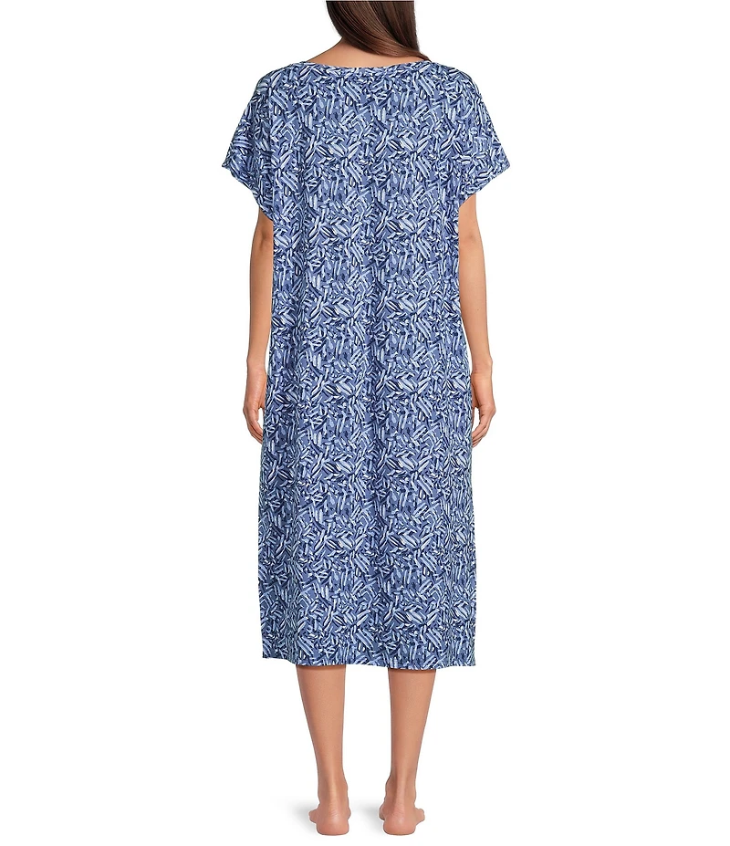 Nottibianche Texture Line Print Short Sleeve V-Neck Pocketed Knit Caftan