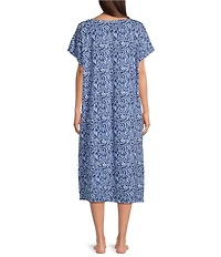 Nottibianche Texture Line Print Short Sleeve V-Neck Pocketed Knit Caftan