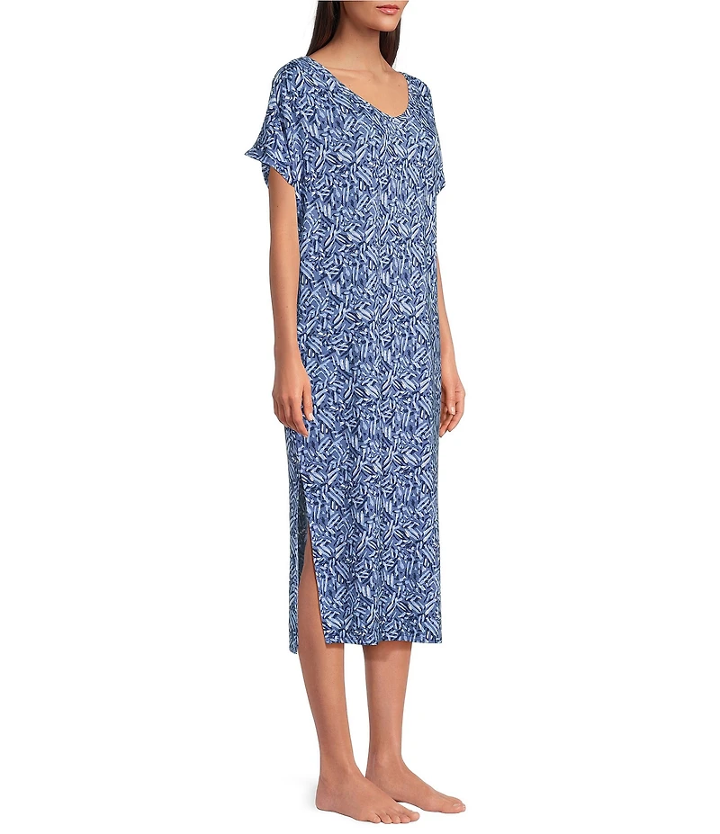 Nottibianche Texture Line Print Short Sleeve V-Neck Pocketed Knit Caftan