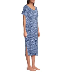 Nottibianche Texture Line Print Short Sleeve V-Neck Pocketed Knit Caftan