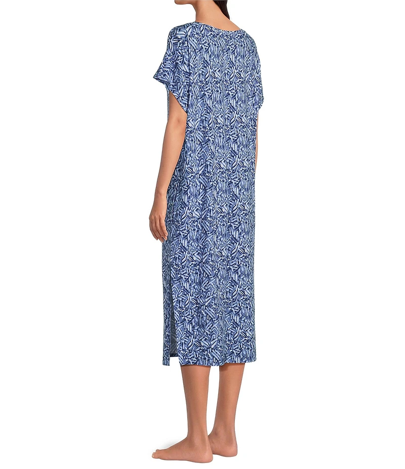 Nottibianche Texture Line Print Short Sleeve V-Neck Pocketed Knit Caftan