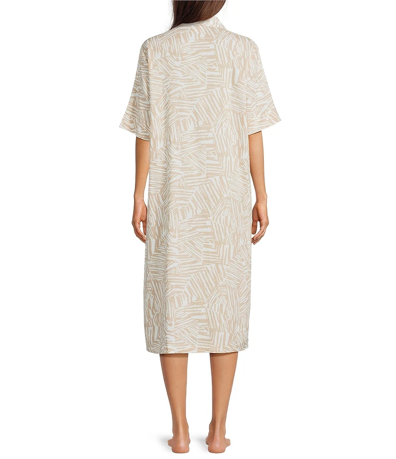 Nottibianche Woven Geo Animal Short Sleeve Notch Collar Button Front Caftan