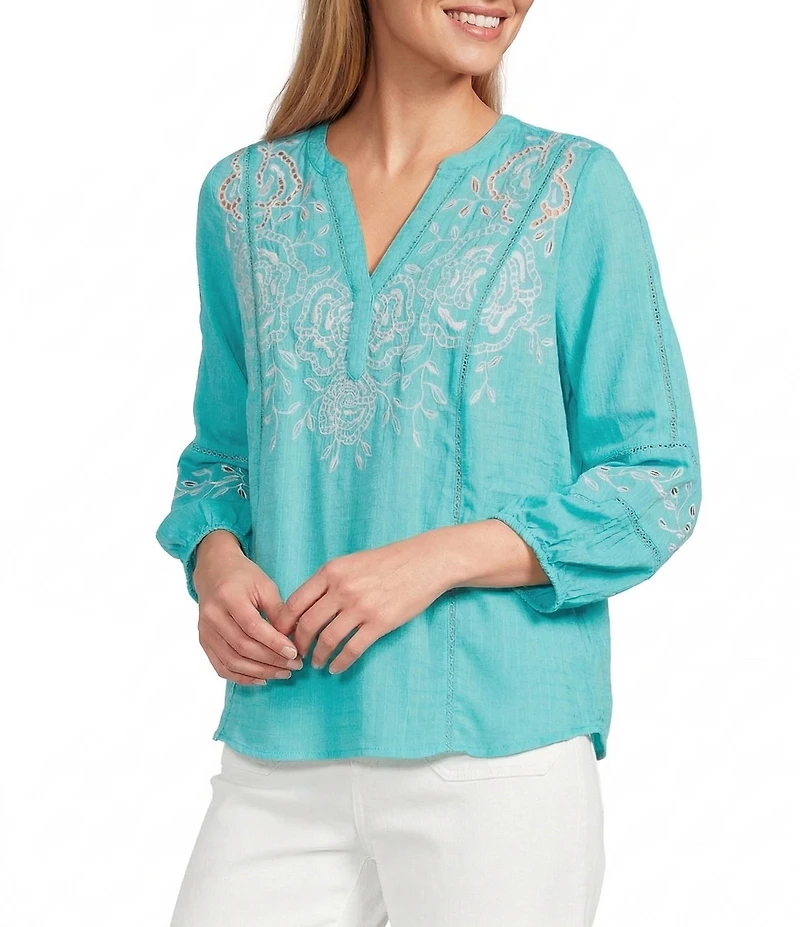 Nurture Embroidered 3/4 Sleeve V-Neck Placket Top