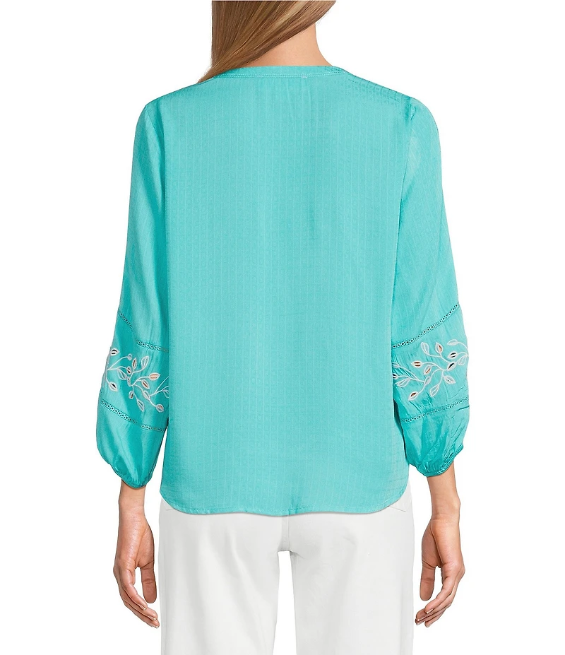 Nurture Embroidered 3/4 Sleeve V-Neck Placket Top