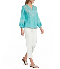 Nurture Embroidered 3/4 Sleeve V-Neck Placket Top