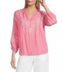 Nurture Embroidered 3/4 Sleeve V-Neck Placket Top