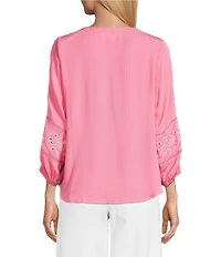 Nurture Embroidered 3/4 Sleeve V-Neck Placket Top