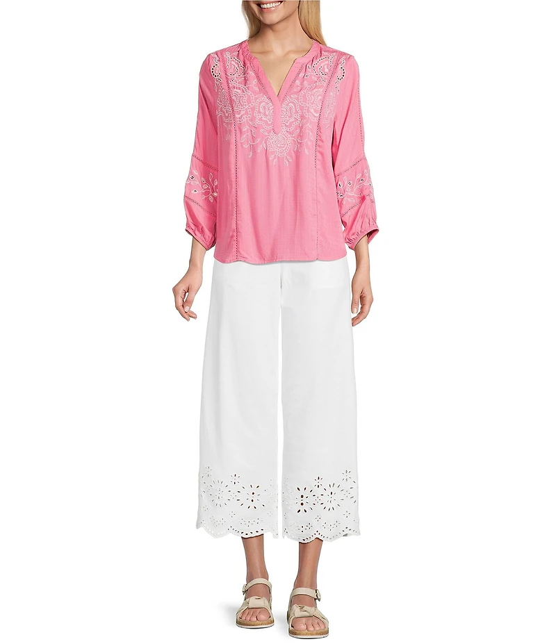 Nurture Embroidered 3/4 Sleeve V-Neck Placket Top