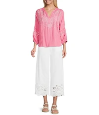 Nurture Embroidered 3/4 Sleeve V-Neck Placket Top