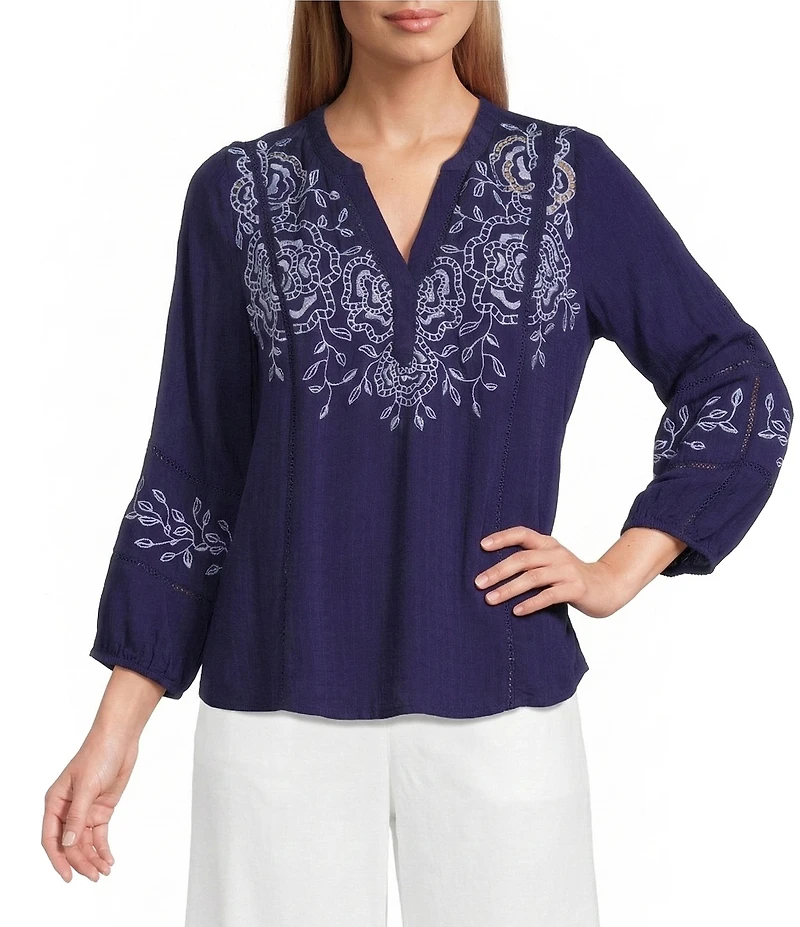 Nurture Embroidered 3/4 Sleeve V-Neck Placket Top