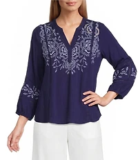 Nurture Embroidered 3/4 Sleeve V-Neck Placket Top