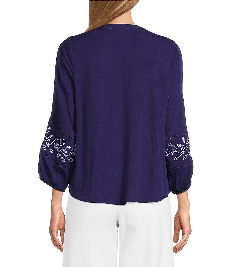 Nurture Embroidered 3/4 Sleeve V-Neck Placket Top