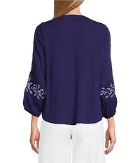 Nurture Embroidered 3/4 Sleeve V-Neck Placket Top