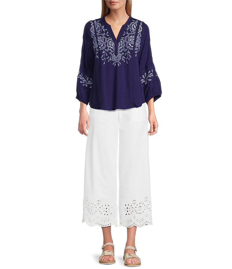 Nurture Embroidered 3/4 Sleeve V-Neck Placket Top