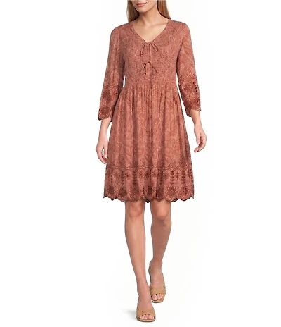 Nurture 3/4 Sleeve V-Neck Smocked Tie Short Dress