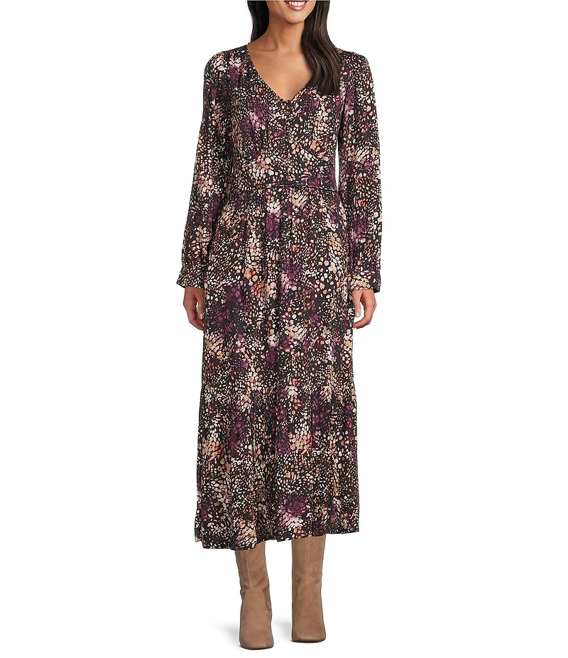 Nurture Abstract Dot Button Detail Long Sleeve V-Neck Midi Dress