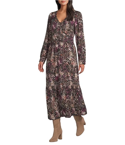 Nurture Abstract Dot Button Detail Long Sleeve V-Neck Midi Dress