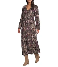 Nurture Abstract Dot Button Detail Long Sleeve V-Neck Midi Dress