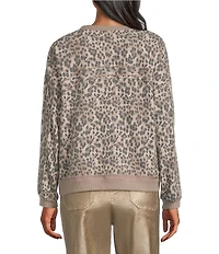 Nurture Animal Print Raw Edge Relaxed Long Sleeve Crew Neck Knit Top