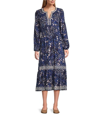 Nurture Butterfly Embroidered V-Neck Long Sleeve Midi Dress