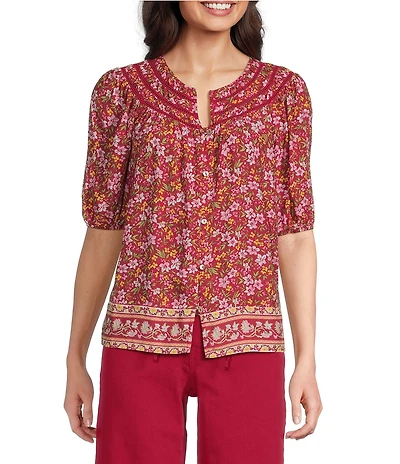 Nurture Button Front Elbow Sleeve Y-Neck Top