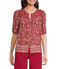 Nurture Button Front Elbow Sleeve Y-Neck Top