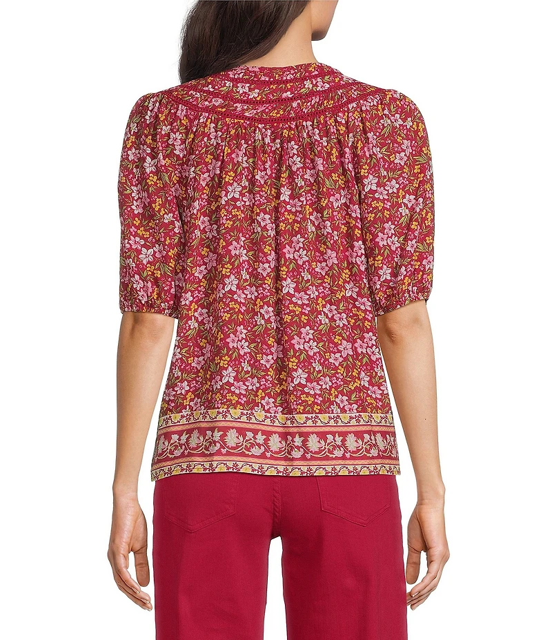 Nurture Button Front Elbow Sleeve Y-Neck Top