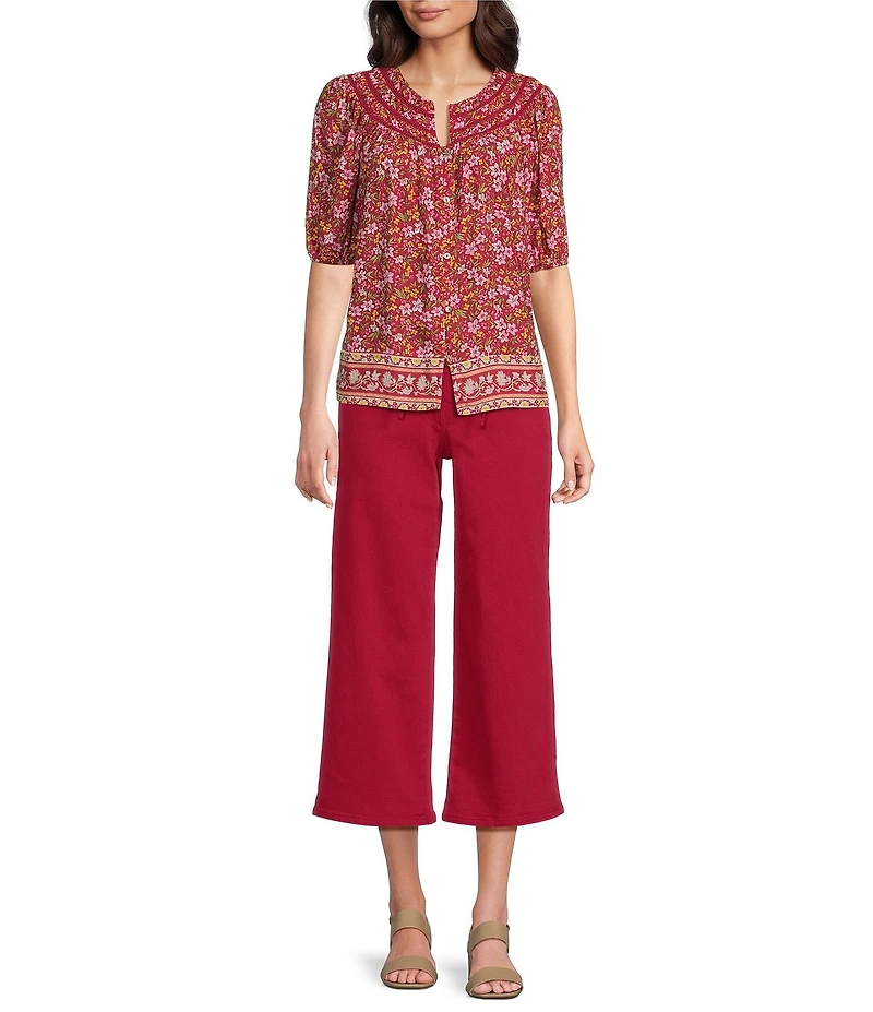 Nurture Button Front Elbow Sleeve Y-Neck Top