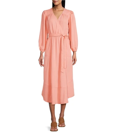 Nurture by Westbound Faux Wrap V-Neckline 3/4 Sleeve Belted Midi Dress