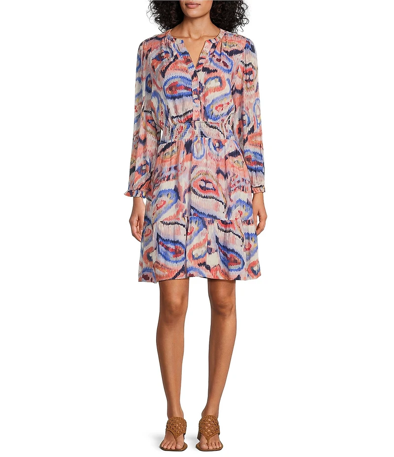 Nurture by Westbound Long Sleeve V-Neck Button Front Smocked Waist Dress