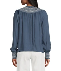Nurture by Westbound Petite Size Woven Long Sleeve Button Front Novelty Smocking Top
