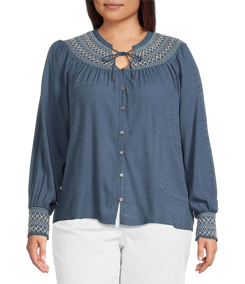 Nurture by Westbound Plus Size Woven Long Sleeve Button Front Novelty Smocking Top