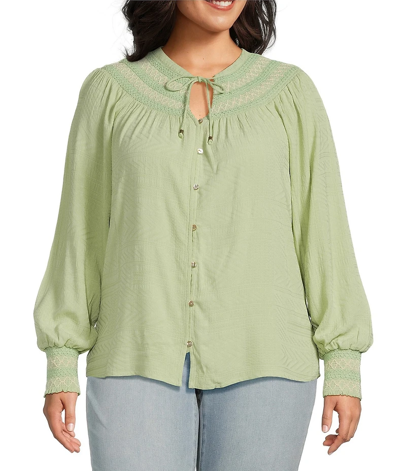 Nurture by Westbound Plus Size Woven Long Sleeve Button Front Novelty Smocking Top